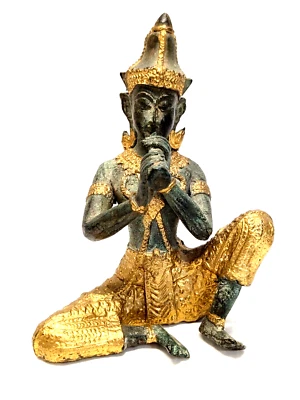 Vintage Bronze Gold Gilt Green Thai Princes figure Playing Instrument - Image 1 of 4