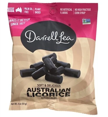 Darrell Lea 软黑色澳大利亚甘草原装糖果 4 盎司袋植物性 — 第 1/2 张图片