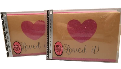 16 Thank You Cards Envelopes Glitter Pink Seals Heart Design "Loved It" - Image 1 of 4