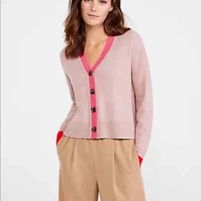 Кардиган Ann Taylor размер LP миниатюрный розовый красный цветной блок шерстяная смесь v-образным вырезом НОВЫЙ - Изображение 1 из 4