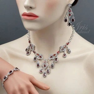 White Gold Plated Ruby Cubic Zirconia Necklace Bracelet Earrings Jewelry Set 993 - Picture 1 of 11