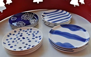 4 ~ PIER 1 Luncheon Plate Mix of BLUE WHITE Stoneware Flowers Stripes Dots 8" - Picture 1 of 8