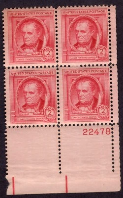 Scott #860 James Fenimore Cooper Plate Block of 4 Stamps - MNH P#22478 #2 - Image 1 of 2