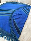 Vintage Round Tablecloth Blue Woven Boho Stripes Fringed Southwest Mexican 68”
