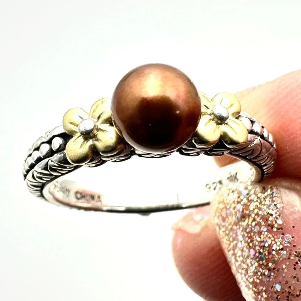 Anillo banda Barbara Bixby para mujer perla marrón plata de ley oro de 18 quilates talla 8 Foto 1 de 3
