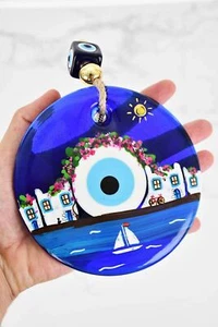 Evil Eye Santorini Themed Hand Painted Large Glass Wall Hanging - Bild 1 von 7