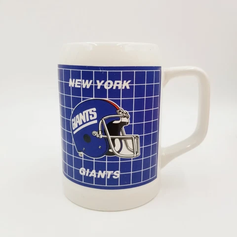 Vintage New York Giants Beer Mug Cup Stein 14oz 1980s Logo Spell Out White Blue Cover