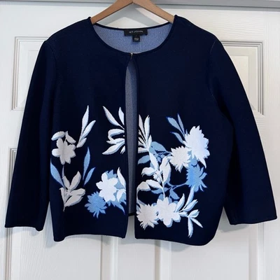 St. John 海军蓝花卉针织开衫 L — 第 1/4 张图片