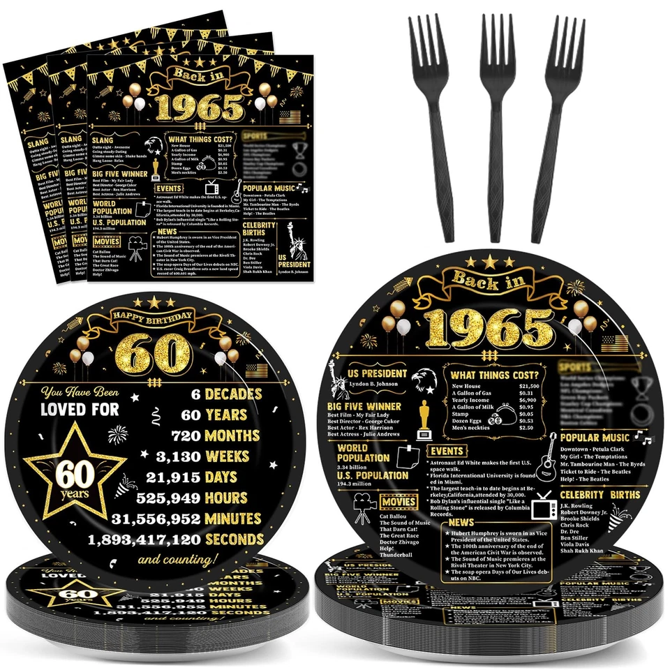 96 piezas platos y servilletas de 60 cumpleaños en 1965 decoraciones de fiesta negro G... Foto 1 de 4