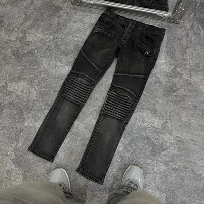 Calça jeans masculina de motociclista BALMAIN bege com nervuras desgastada tamanho 32 preta - Imagem 1 de 4