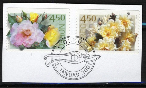Norway 2001, NK 1410-11, Definitives, Roses set PM FDI on cutpiece, Mi 1366-67Do Cover