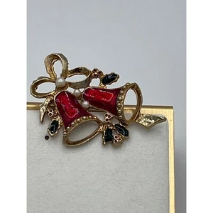 Vintage Christmas Bell Brooch Pin Holiday Jewelry Red Enamel Gold Tone - Picture 1 of 7