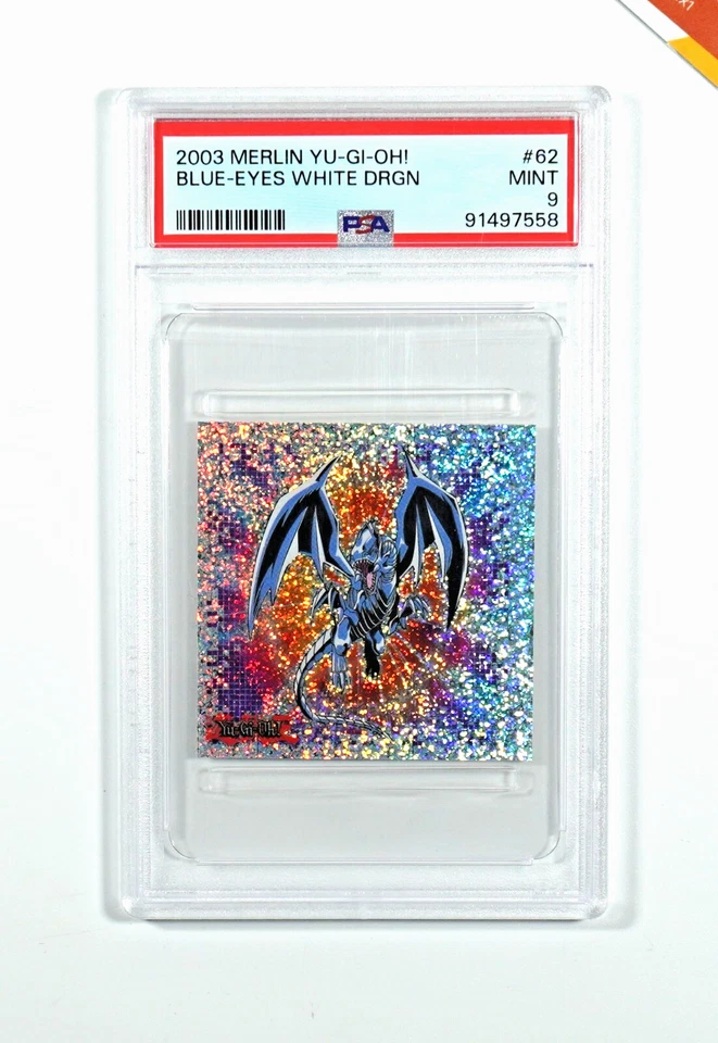 Yu-Gi-Oh! PSA 9 Blue-Eyes White Dragon #62 Merlin Sticker 2003 English - Immagine 1 di 1