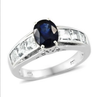 Size 5 TGW 5.25 cts. Masoala Sapphire, White Topaz Platinum over SS Ring  - Image 1 of 4