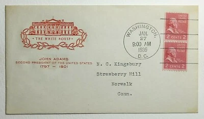 1939 FDC John Adams The White House First Day Cover Farnam Pair 2c SC #841 - Image 1 of 2