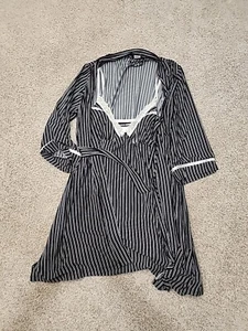 Studio Donatello Womens Large 2 PC Black & White Striped Nighty & Tie Robe - Picture 1 of 14