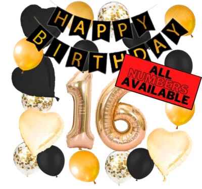 Decoraciones de cumpleaños 16 - Tema dorado y negro - Globos, pancarta - Él o ella Foto 1 de 4