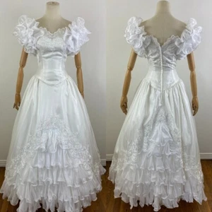 Vintage 80s Metallic Wedding Dresses Organza And Embroidery A-Line Bridal Gowns - Picture 1 of 13