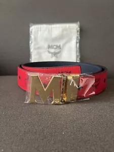 Reversible Adjustable Red to Black MCM Leather Belt Gold M Buckle - Picture 1 of 6
