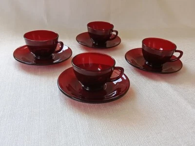 Vintage 1950's Festive Anchor Hocking Royal Ruby Red Glass Cup & Saucer Set Of 4 - Image 1 of 4