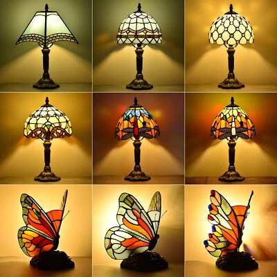 Tiffany Table Lamp Stained Glass Desk Bedside H14" D8" Accent Lamp Bedroom Home - Image 1 of 4
