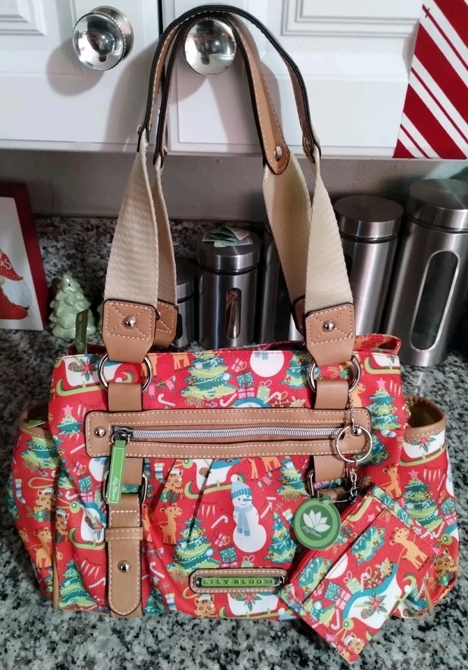 Lilly Bloom Holiday Purse Set Tote Bag Pouch Red Reindeer Christmas Snowman - Image 1 of 4
