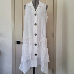 Abito Athena Marie bianco lino senza maniche Lagenlook orlo fazzoletto taglia small - Foto 1 di 10