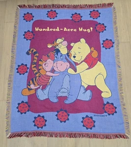 Beacon Disney Blanket Pooh & Friends 100 Acre Hug USA Tapestry Vtg Throw Fringe - Picture 1 of 6