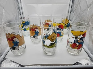 1982 - Smurfs Glasses - Hardee’s Promo - Lot Of 8 - Peyo - Wallace Berrie & Co - Picture 1 of 4