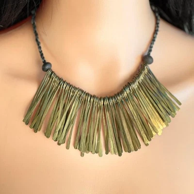 Vintage African Hammered Brass Necklace Braided Leather Metal Fringe Bib Jewlery - Image 1 of 2