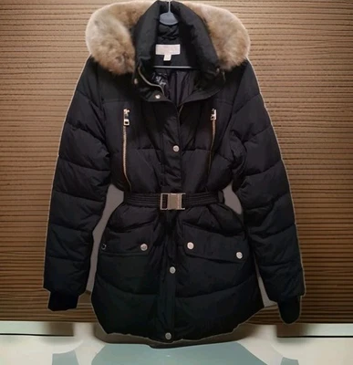 MICHAEL KORS ABRIGO ACOLCHADO INVIERNO PLUMÓN NEGRO IMITACIÓN PIEL RIBETE CAPUCHA CINTURÓN MUJER XL  Foto 1 de 4
