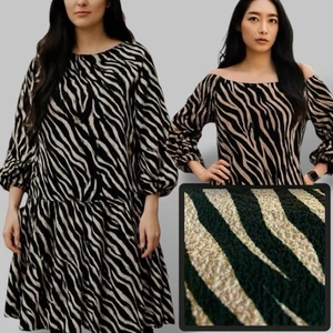 Womens Dress Animal Print Midi Size 16 Ladies Textured Oversized Long Sleeves UK - Picture 1 of 24
