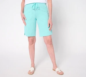 Denim & Co. Active French Terry Pull-On Bermuda Shorts Pale Aqua L New - Picture 1 of 1
