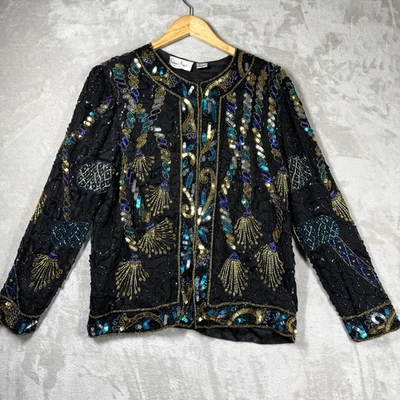 Chaqueta De Colección Años 90 Lawrence Kazar Seda Lentejuelas Cuentas Manga Larga Talla L Mardi Gras Foto 1 de 4