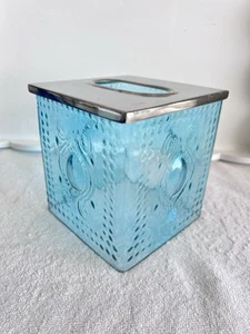Aqua Blue Glass Boutique Size Tissue Box Cover Chrome Top Bathroom Accessory - Picture 1 of 13