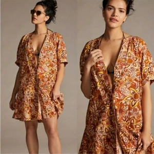 Mini Vestido Pilcro Anthropologie Boho Manga Abullonada Floral Tapiz Botón XS - Imagen 1 de 14