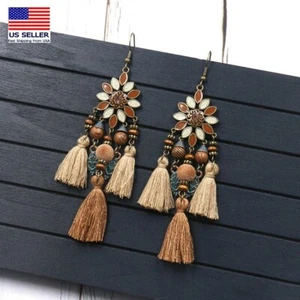 Women Boho Antique Petal Wind Chimes Tassel Style Wood Balls Earrings Hook 0076 - Picture 1 of 4