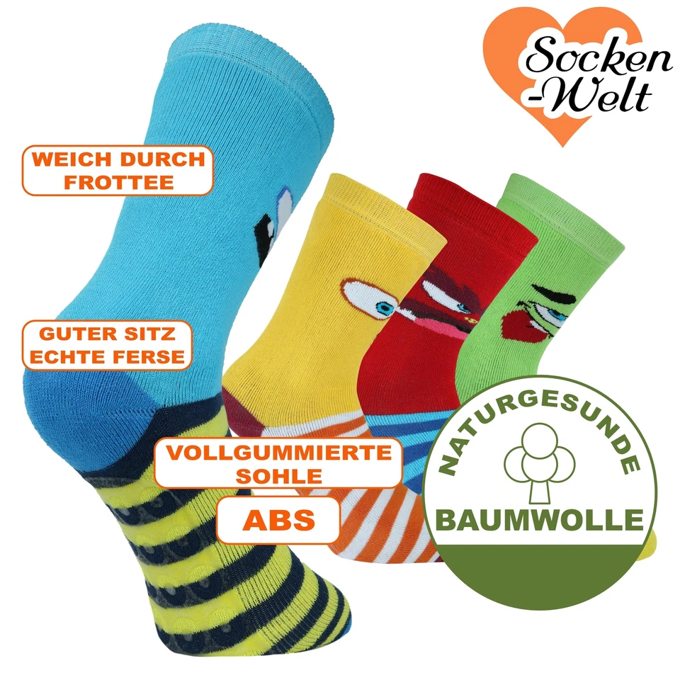 Farbenfrohe Frottee-Kindersocken mit Gummisohle lustige Monstergesichter - Bild 1 von 1