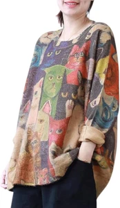 Womens Wool-Blend Soft Cozy Oversized Cute Cats Graphic Print Sweater S-3XL - Picture 1 of 9