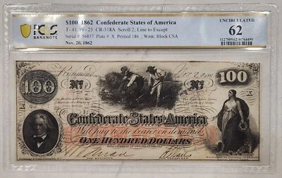 $100 1862 Confederate States Of America T-41 PCGS 62 Uncirculated CSA Note - Image 1 of 2