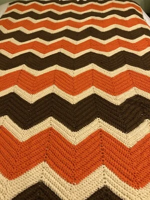 Throw Blanket Chevron Orange & Brown Hand Knit 46”x69” EUC - Image 1 of 4