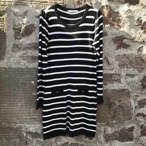 M&S Black White Stripe Fine Knit Pocket Long Sleeve Jumper Dress Size 8 - Picture 1 of 6