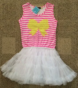 * Girls 6 6X Little Mass Pink & White Stripe Yellow Bow Tulle Tutu Dress Party - Picture 1 of 5