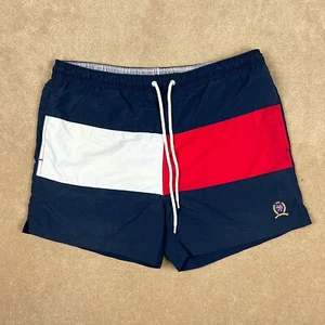 Tommy Hilfiger Board Shorts Mens Small Red Blue Big Flag Swim Crest Mesh Lined - Picture 1 of 13