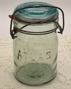 Vintage ATLAS E-Z Seal Blue Jar With Glass Lid And Wire Ring Lock Marked ‘1’ - Picture 1 of 5