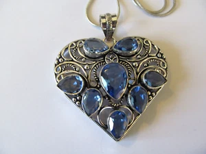 NEW EXTRA LARGE PIERCED HEART w/BLUE TOPAZ CRYSTALS PENDANT STERLING NECKLACE - Picture 1 of 6