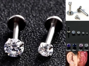 316L Steel Internal Thread Labrets Tragus Stud CZ Gem Monroe Lip Ear Earring 1pc - Picture 1 of 5