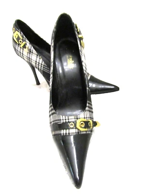 FREDERICKS PLAID FABRIC /BLACK PATENT LEATHER TRIM CLASSIC Pumps MULES HEELS 8 - Image 1 of 4