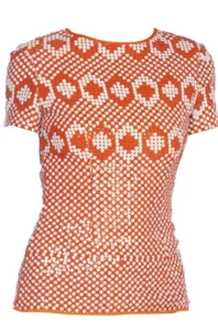 Vintage Pierre Cardin 1960s Orange & White Sequin Geometric Silk Op Art Mod Top - Picture 1 of 9