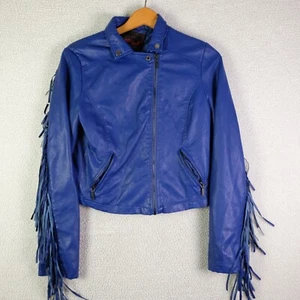 Vintage Faux Leather Jacket Girls Medium Blue Cropoped Frill Western Biker 90S - Picture 1 of 9